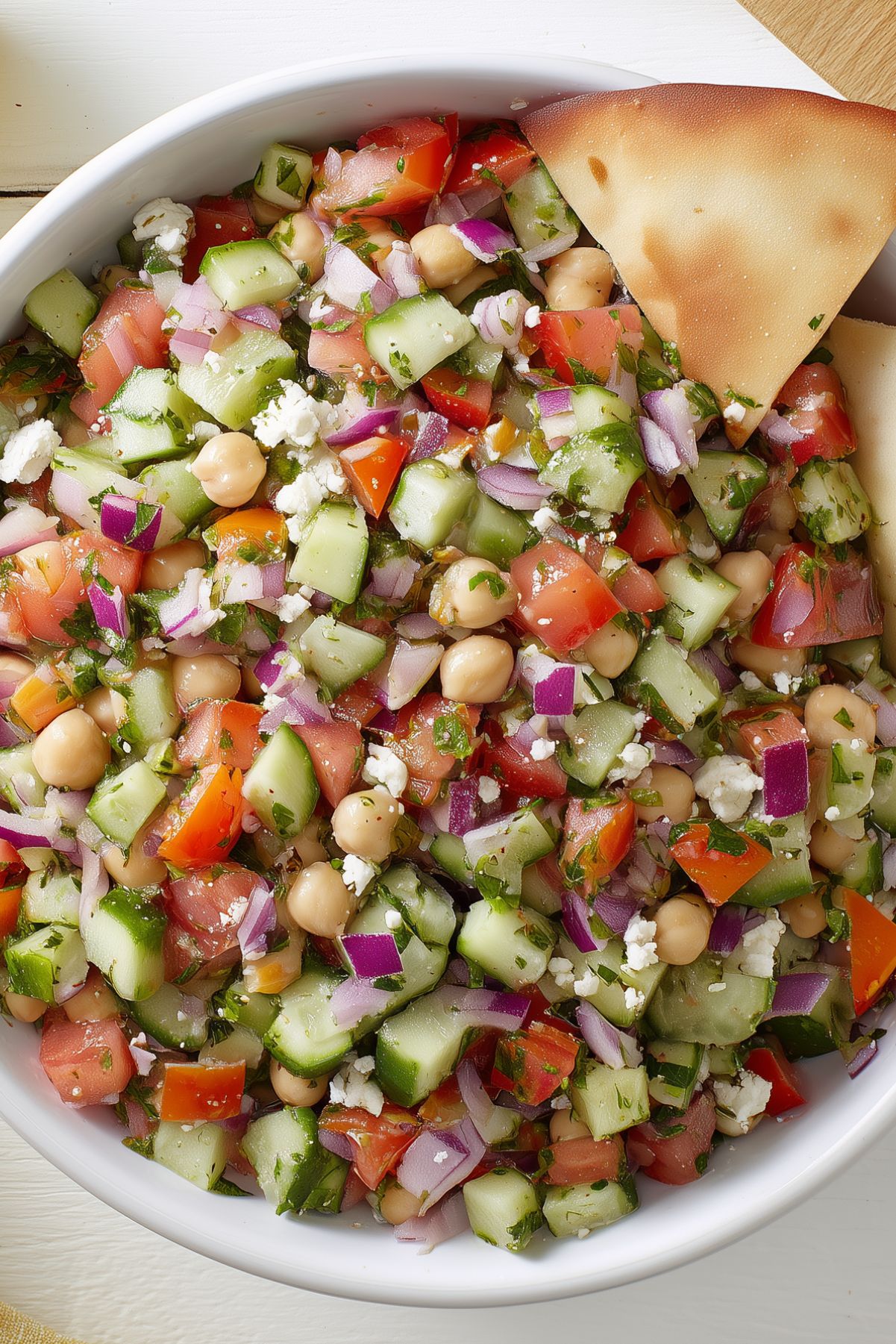 Mediterranean cucumber tomato chopped salad with chickpeas, red onion, feta cheese, fresh herbs, and a toasted pita chip.