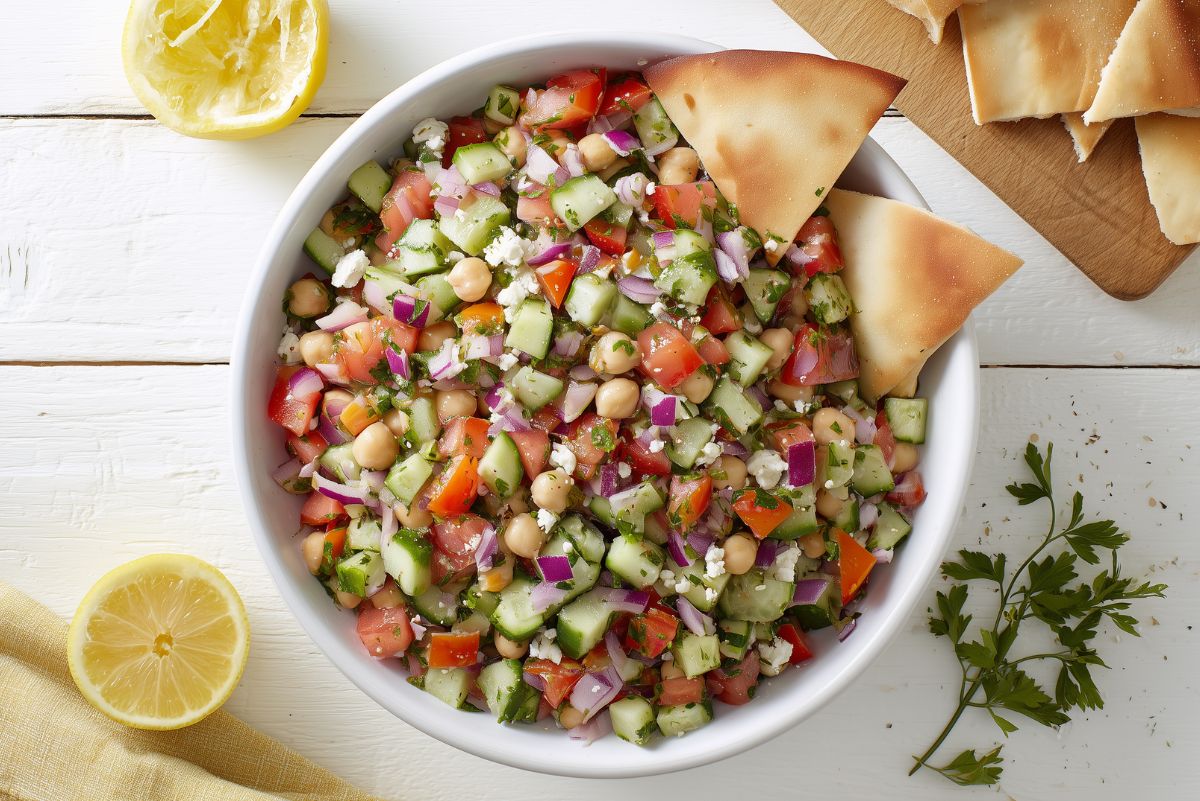 Mediterranean chopped salad with cucumbers, tomatoes, chickpeas, red onion, feta, and fresh herbs, served with pita chips and lemon.