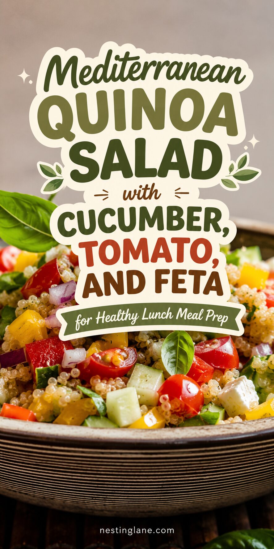 Mediterranean quinoa salad with cucumber, tomato, bell pepper, red onion, feta, and basil in a rustic bowl. Text reads: “Mediterranean Quinoa Salad with Cucumber, Tomato, and Feta for Healthy Lunch Meal Prep” and “nestinglane.com.”