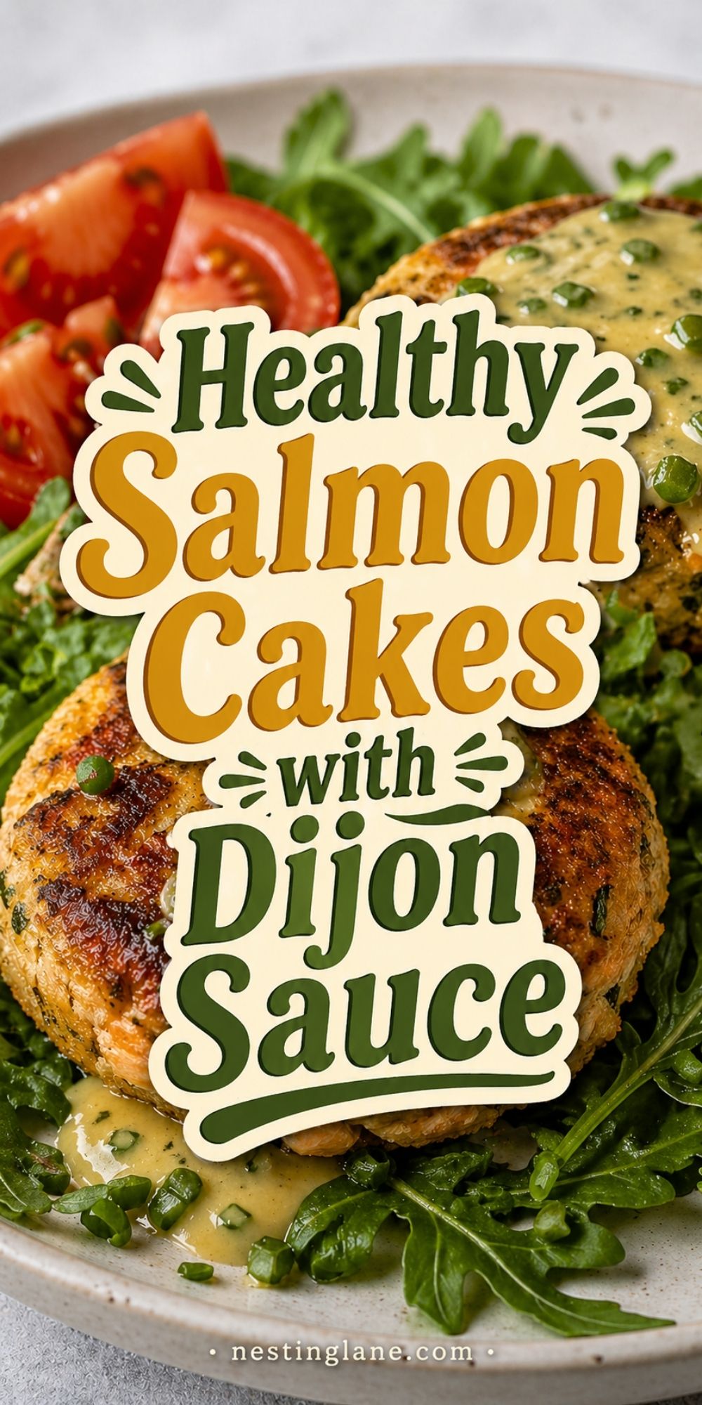 Healthy Salmon Cakes with Dijon Sauce served over arugula with tomatoes, green onions, and creamy sauce. Text reads “Healthy Salmon Cakes with Dijon Sauce” and “nestinglane.com.”