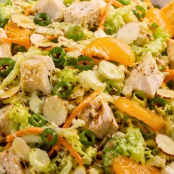 Close-up sesame chicken chopped salad with diced chicken, mandarin oranges, romaine, cabbage, carrots, sliced almonds, green onions, and sesame ginger dressing in a shallow bowl.