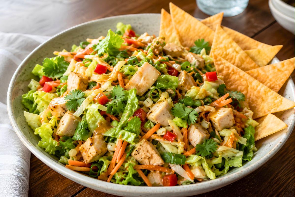 Thai peanut chicken chopped salad with diced chicken, romaine, cabbage, carrots, red bell pepper, green onions, cilantro, creamy peanut dressing, and golden wonton chips served in a shallow bowl on a wooden table.