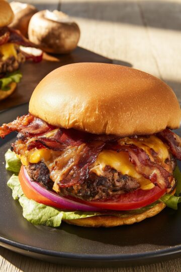 Close-up of a bacon cheeseburger with melted cheddar cheese, crispy bacon, lettuce, tomato, and red onion on a soft bun.