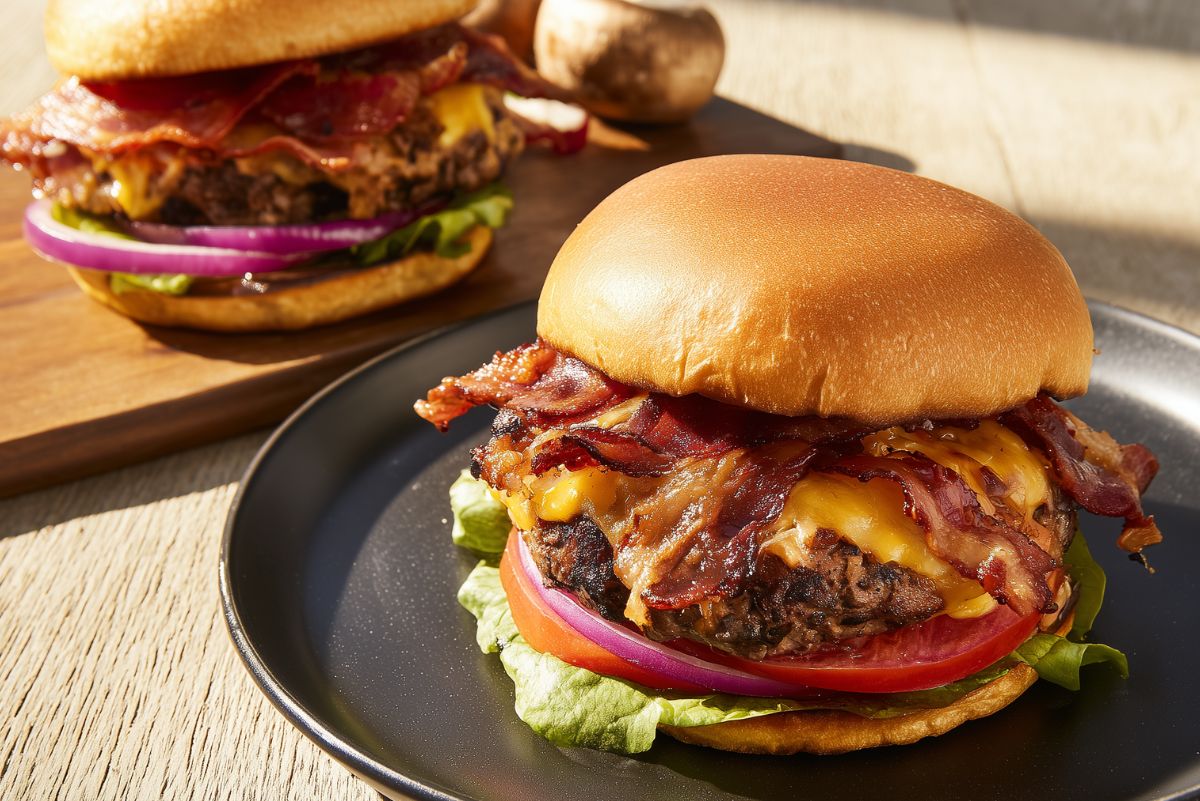 Bacon cheeseburger with a grilled beef patty, melted cheddar, crispy bacon, lettuce, tomato, and red onion on a toasted bun.