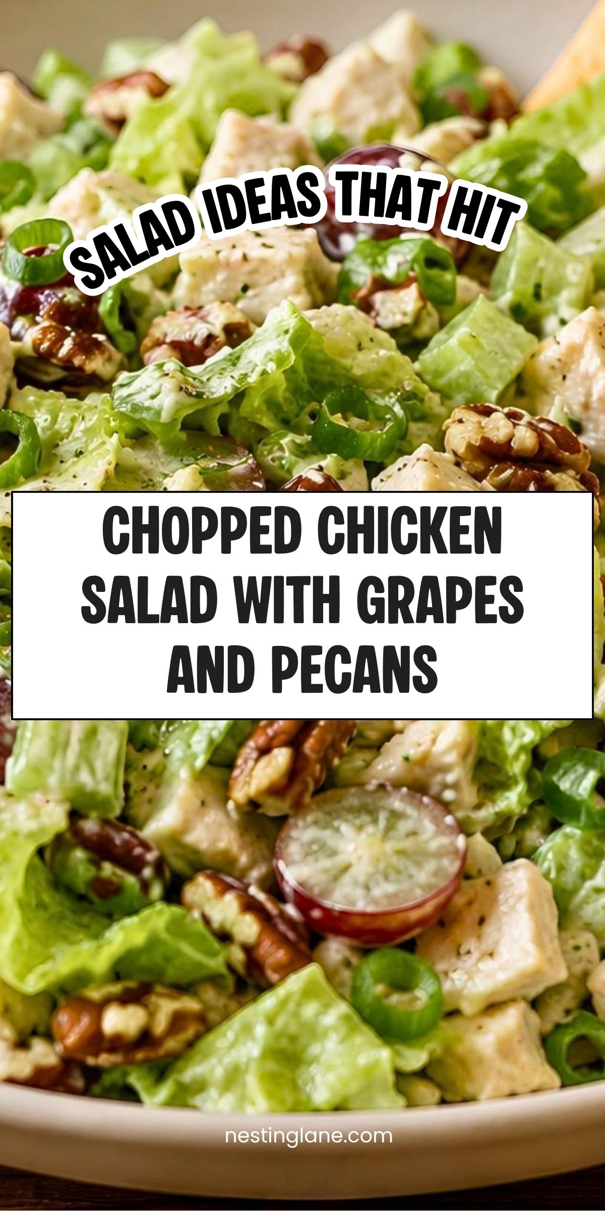 Chopped chicken salad with grapes, pecans, lettuce, green onions, creamy dressing, and tender chicken pieces. Text reads: āSalad Ideas That Hit. Chopped Chicken Salad with Grapes and Pecans. nestinglane.comā