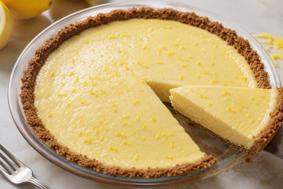 Light lemon pie in a graham cracker crust with one slice cut and lifted from a glass pie dish, topped with lemon zest and served with fresh lemons nearby.