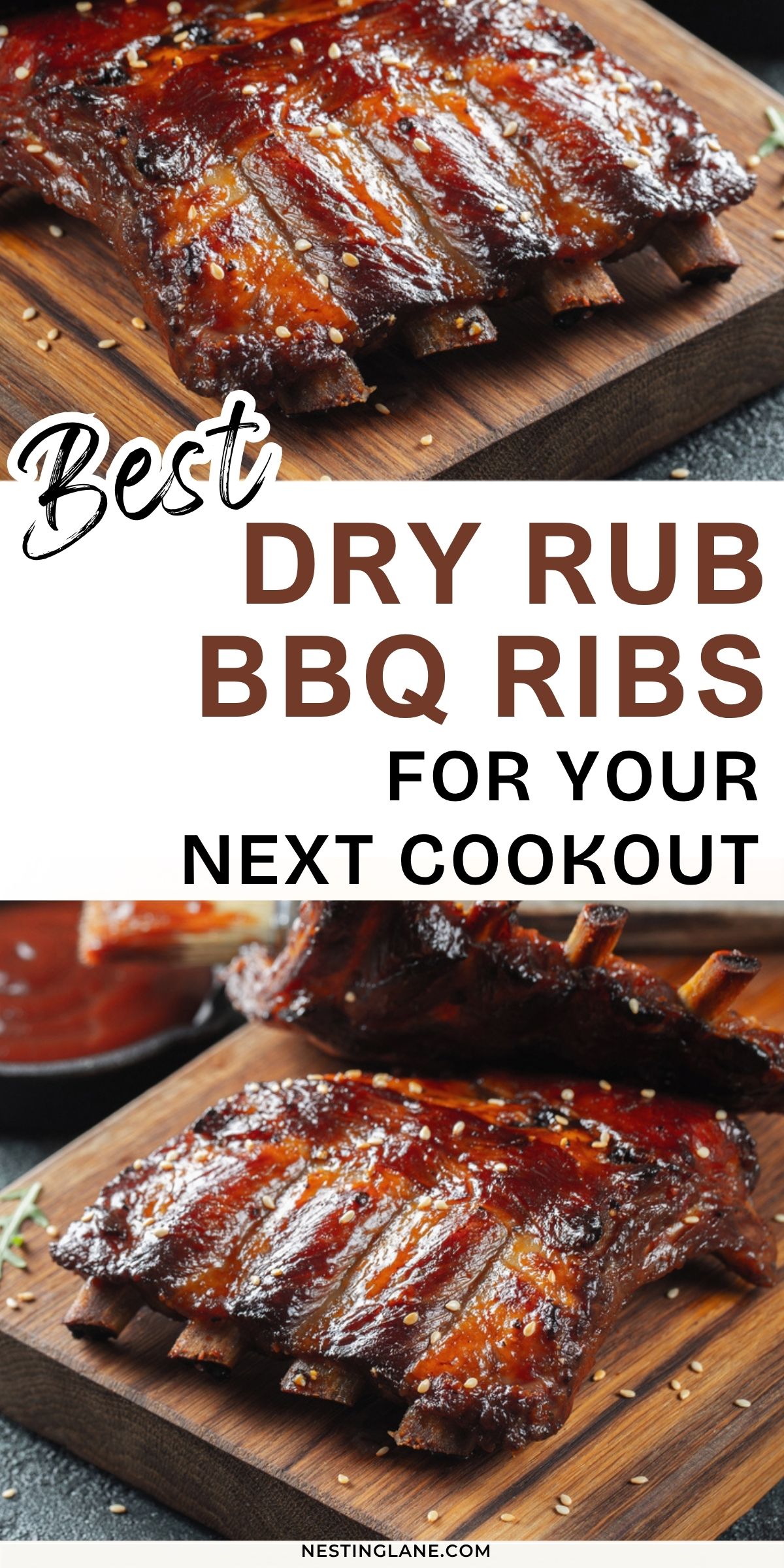 Pinterest graphic with BBQ ribs on a wooden cutting board. Text reads “Best Dry Rub BBQ Ribs For Your Next Cookout” and “nestinglane.com.”