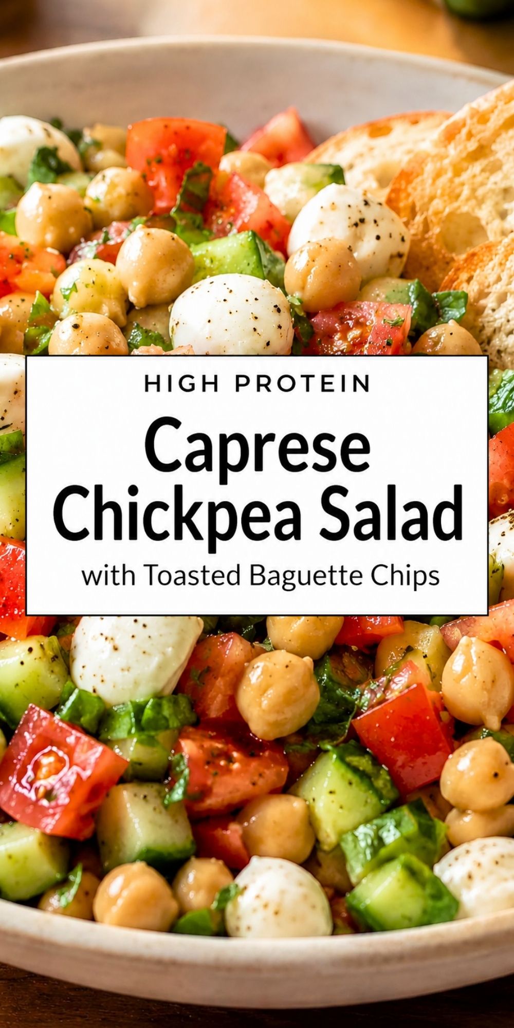 High protein Caprese chickpea salad with chickpeas, mozzarella, tomatoes, cucumber, basil, and toasted baguette chips. Text reads: “High Protein Caprese Chickpea Salad with Toasted Baguette Chips.”