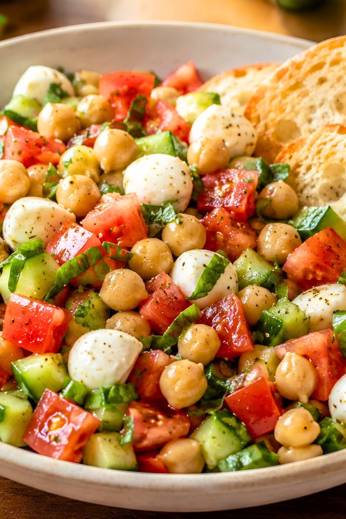 Caprese chickpea salad with chickpeas, mozzarella, tomatoes, cucumber, fresh basil, black pepper, and toasted baguette chips in a shallow bowl.
