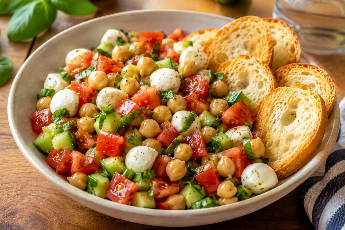 Caprese chickpea salad with chickpeas, mozzarella, tomatoes, cucumber, fresh basil, black pepper, and toasted baguette chips in a shallow bowl on a wooden table.