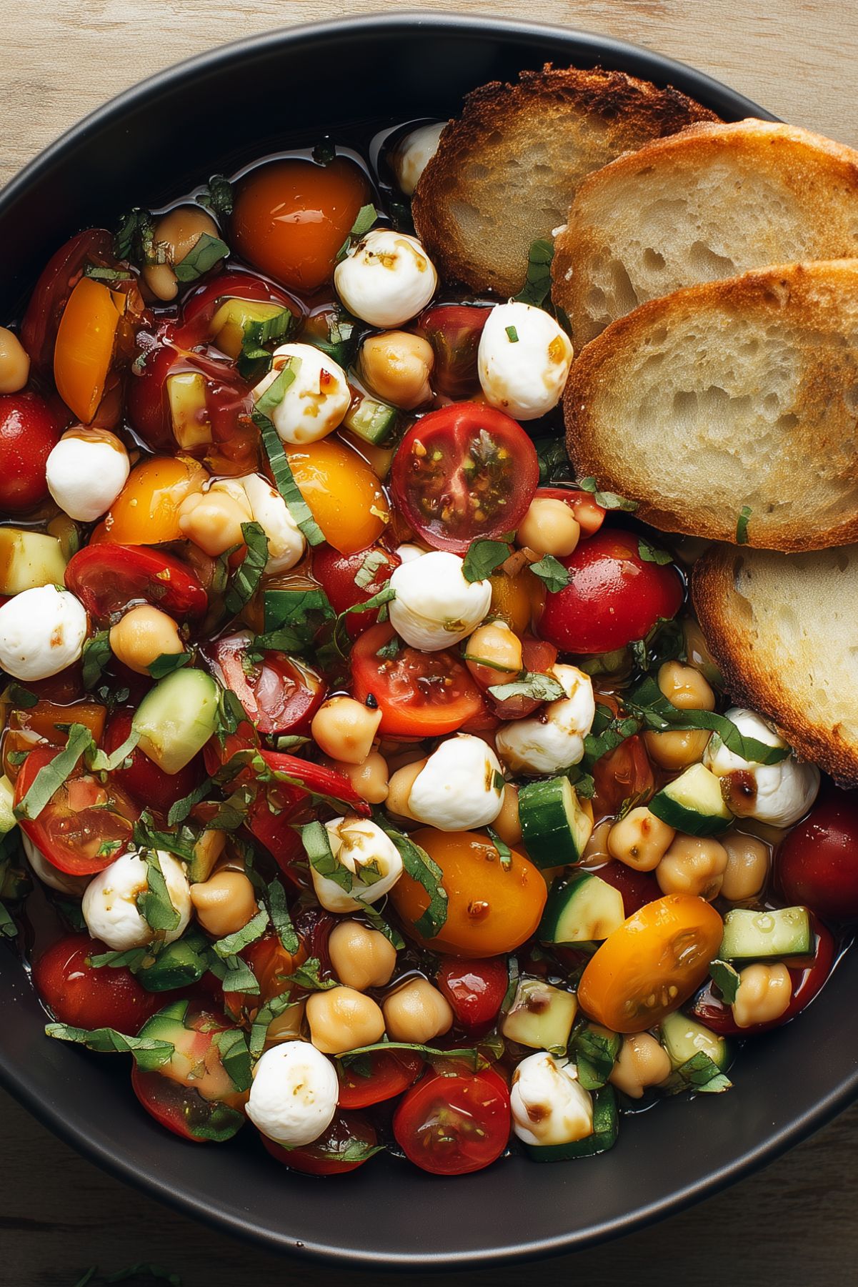 Close-up of Caprese chickpea salad with cherry tomatoes, mozzarella pearls, cucumbers, basil, balsamic dressing, and toasted baguette slices.