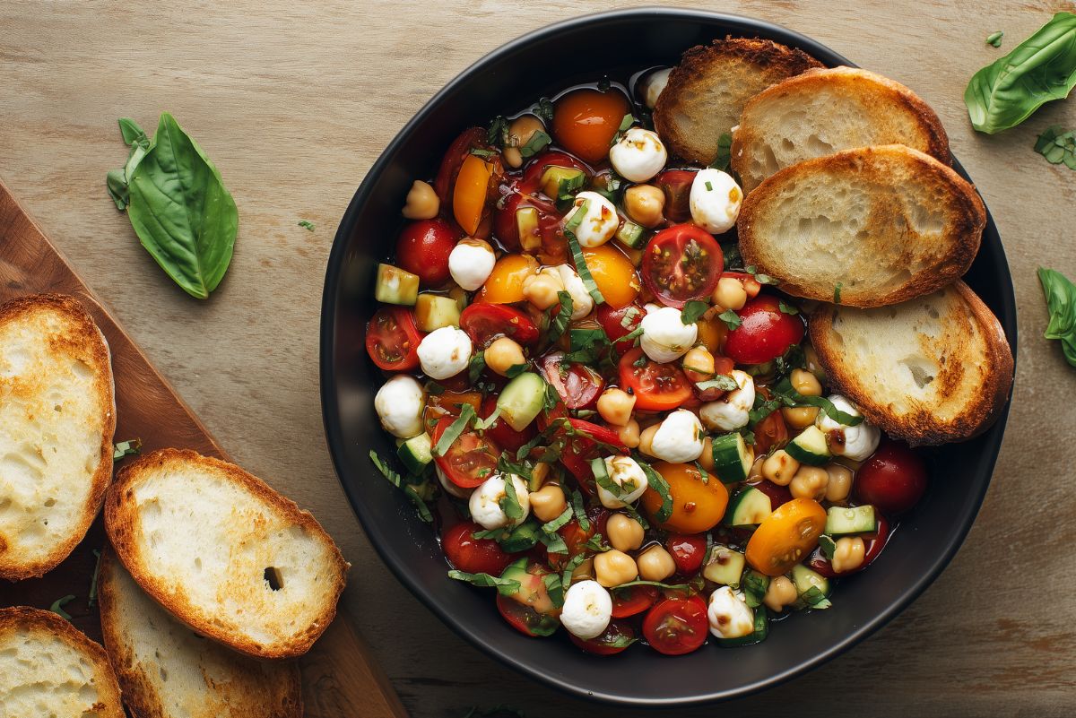 Caprese chickpea salad with red and yellow cherry tomatoes, mozzarella pearls, cucumbers, fresh basil, balsamic dressing, and toasted baguette slices.