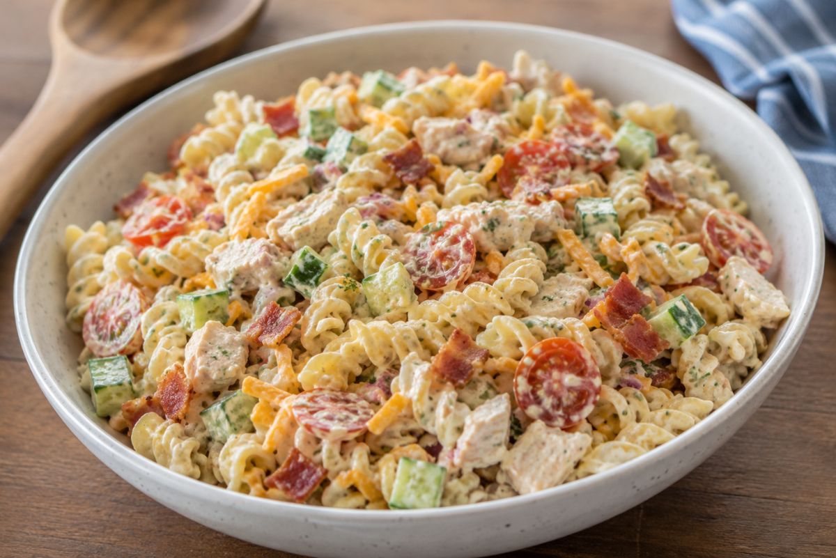 Chicken bacon ranch pasta salad with rotini, chicken, crispy bacon, cheddar, cucumber, and cherry tomatoes in a white bowl on a wooden table with a spoon and blue cloth nearby.