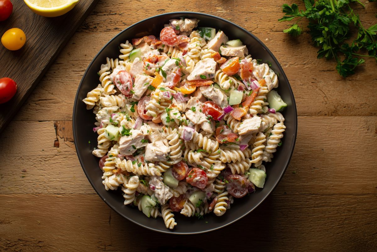 Creamy chicken bacon ranch pasta salad with rotini, tomatoes, cucumbers, red onion, and fresh herbs in a black bowl.
