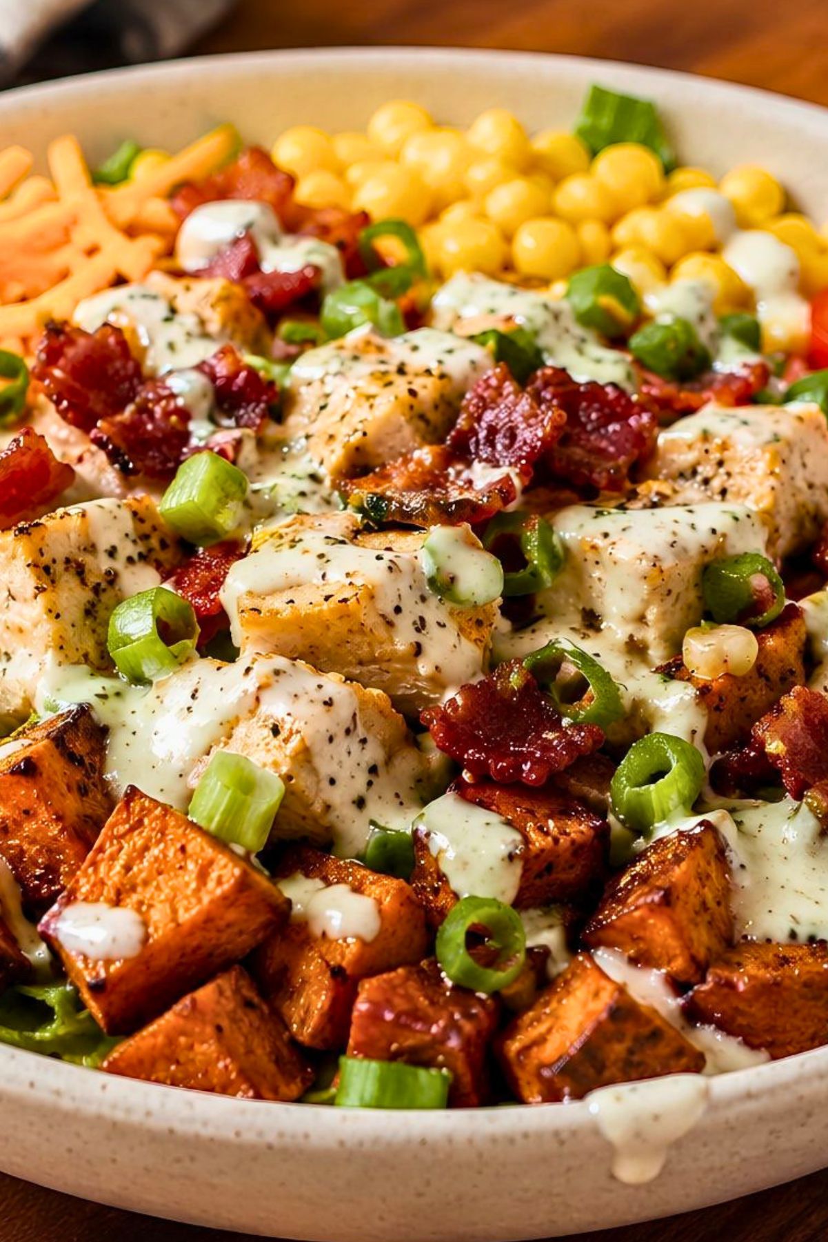 Chicken bacon ranch sweet potato bowl with roasted sweet potatoes, seasoned chicken, crispy bacon, corn, cheddar, green onions, lettuce, and creamy ranch dressing in a white bowl.