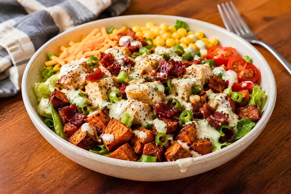 Chicken bacon ranch sweet potato bowl with roasted sweet potatoes, grilled chicken, crispy bacon, corn, cheddar, tomatoes, green onions, lettuce, and creamy ranch dressing in a white bowl.
