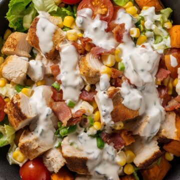 Chicken bacon ranch sweet potato bowl with roasted sweet potatoes, diced chicken, crispy bacon, corn, cherry tomatoes, lettuce, and creamy ranch dressing.