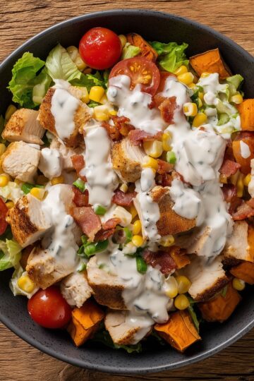 Chicken bacon ranch sweet potato bowl with roasted sweet potatoes, diced chicken, crispy bacon, corn, cherry tomatoes, lettuce, and creamy ranch dressing.