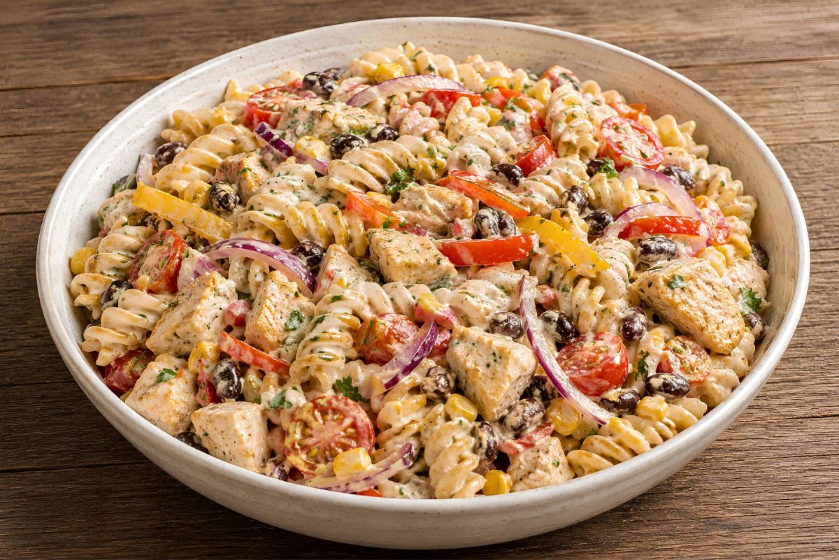 Creamy chicken fajita pasta salad with rotini, seasoned chicken breast, black beans, corn, cherry tomatoes, red and yellow peppers, red onion, and cilantro in a large beige bowl on a wood table.