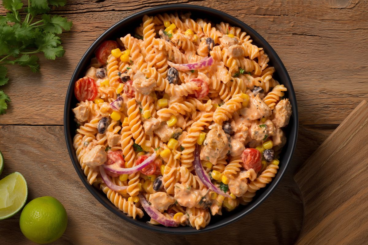 Chicken fajita pasta salad with rotini, chicken, corn, black beans, tomatoes, red onion, and creamy dressing in a black bowl on a wooden table.