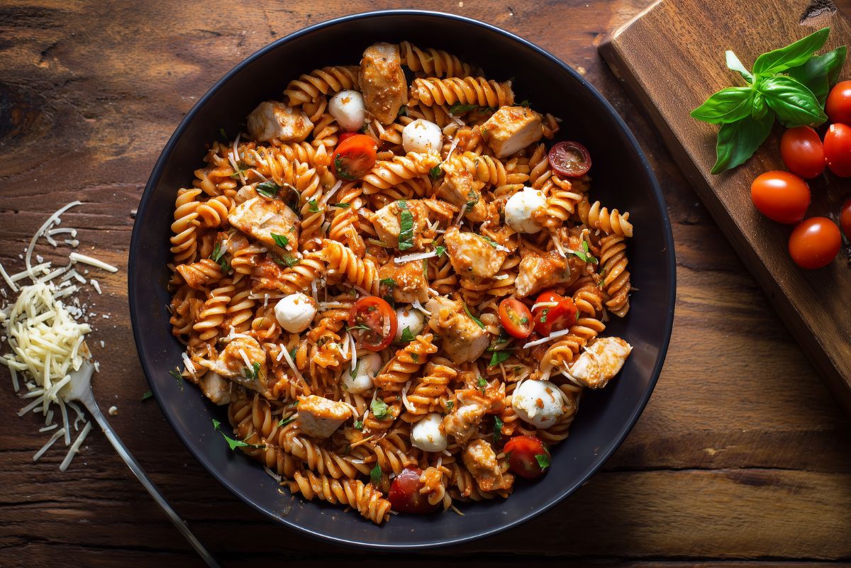 Italian chicken Parmesan pasta salad with rotini, mozzarella, cherry tomatoes, Parmesan cheese, basil, and tomato sauce in a black bowl.