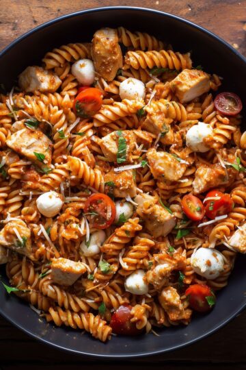 Chicken Parmesan pasta salad with rotini, diced chicken, cherry tomatoes, mozzarella pearls, shredded Parmesan, fresh basil, and tomato sauce.