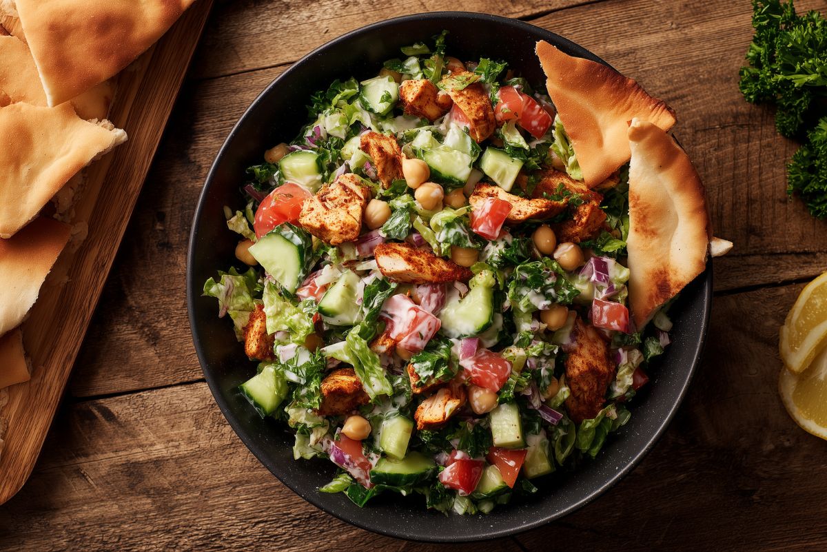 Chicken shawarma chopped salad with cucumbers, tomatoes, chickpeas, red onion, lettuce, creamy dressing, and toasted pita chips.