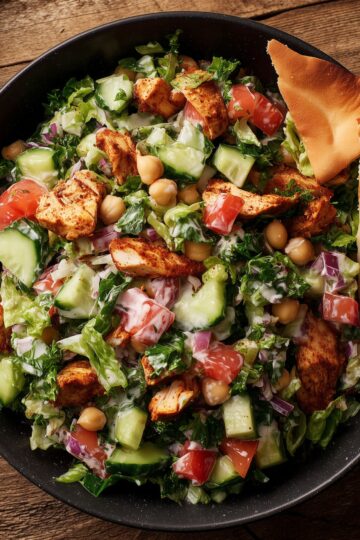 Chicken shawarma chopped salad with seasoned chicken, cucumbers, tomatoes, chickpeas, red onion, lettuce, creamy dressing, and a pita chip.