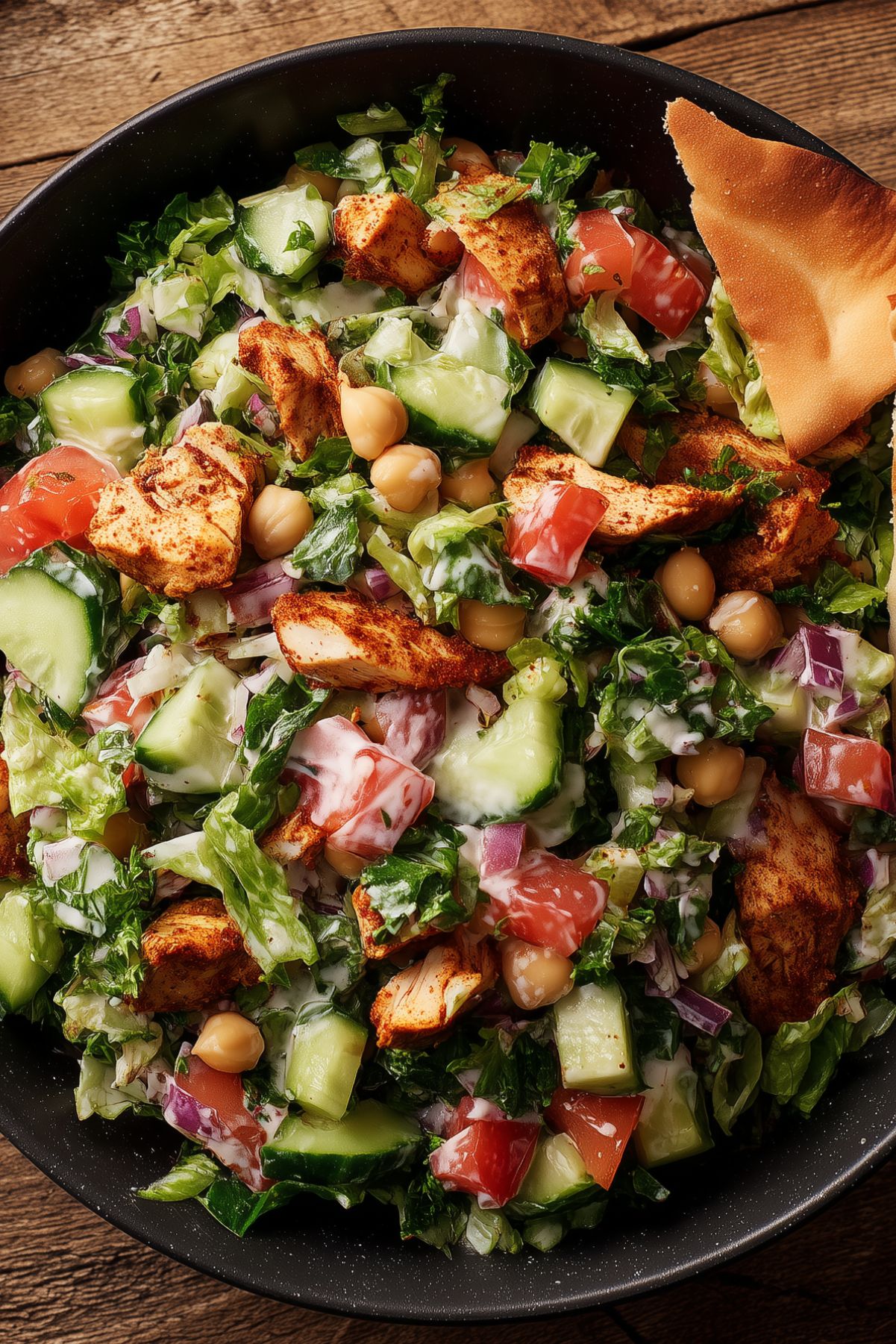 Chicken shawarma chopped salad with seasoned chicken, cucumbers, tomatoes, chickpeas, red onion, lettuce, creamy dressing, and a pita chip.