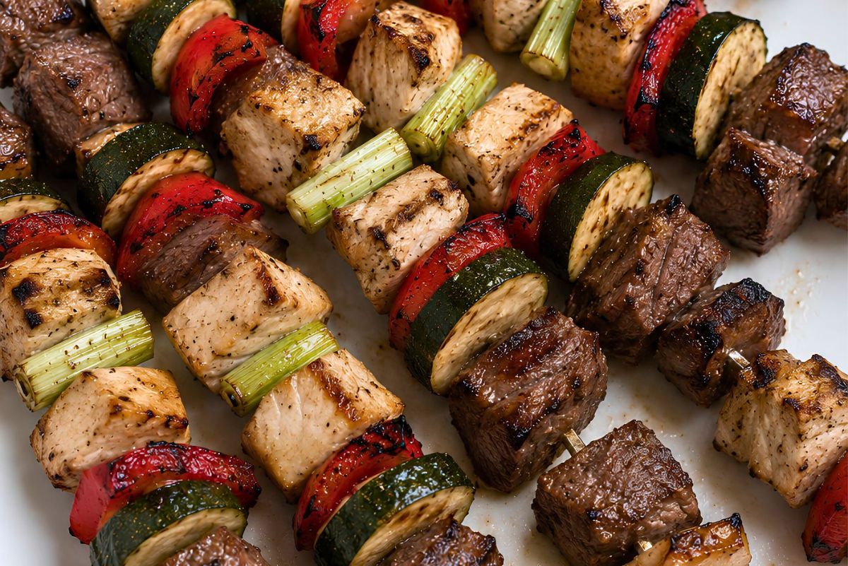 Grilled chicken and steak kabobs with zucchini, red bell peppers, and scallions, charred and arranged close together on skewers.