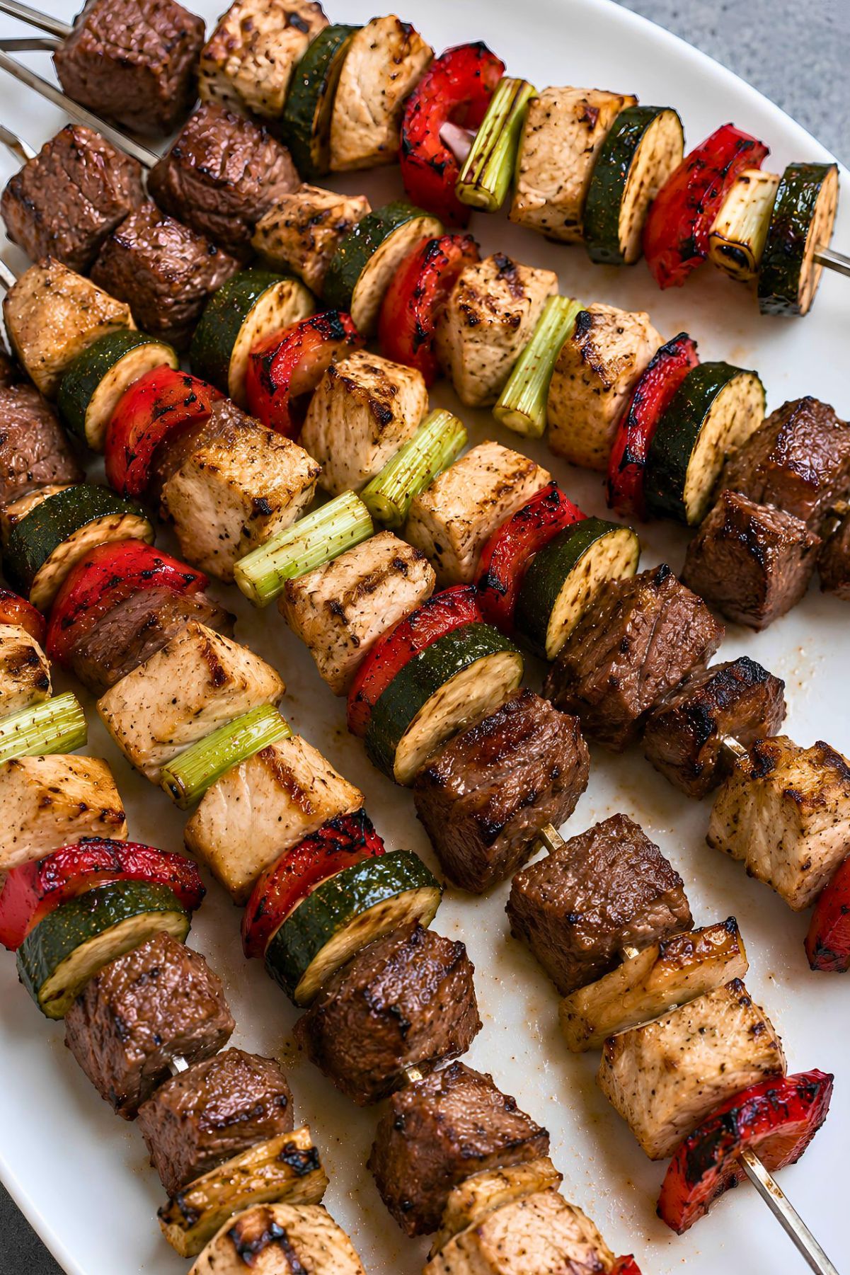 Grilled chicken and steak kabobs on metal skewers with zucchini, red bell peppers, and scallions served on a white platter.
