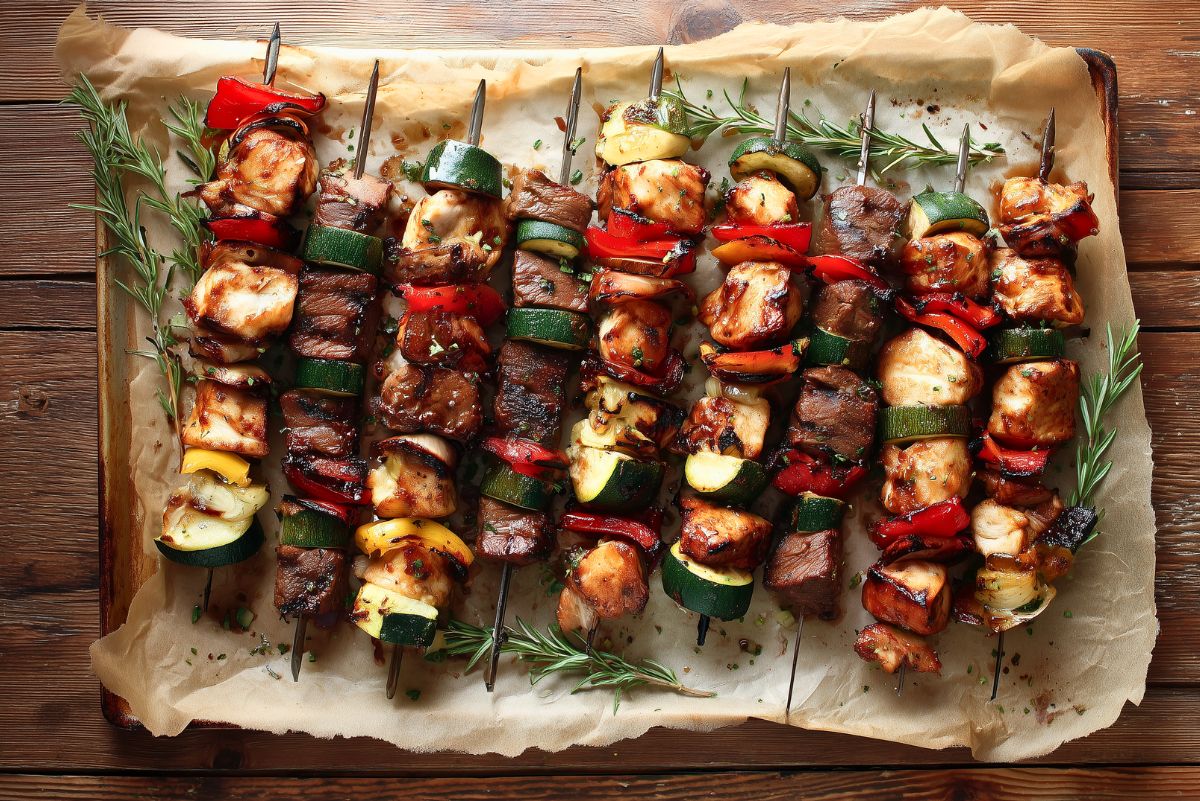 Chicken and steak kabobs with grilled zucchini, bell peppers, and onions arranged on a parchment-lined baking sheet.