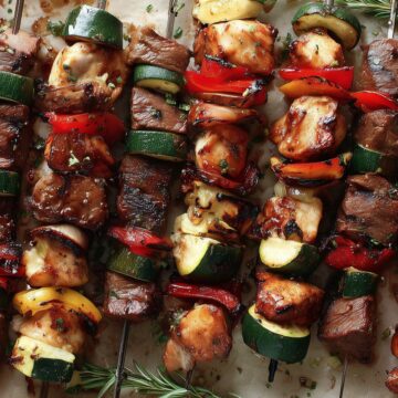 Grilled chicken and steak kabobs with zucchini, red and yellow bell peppers, onions, and fresh rosemary on a parchment-lined tray.