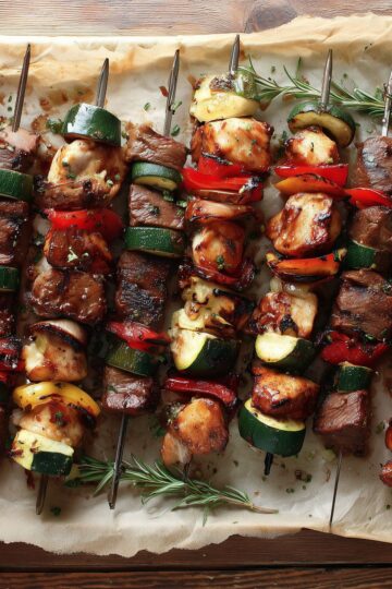 Grilled chicken and steak kabobs with zucchini, red and yellow bell peppers, onions, and fresh rosemary on a parchment-lined tray.