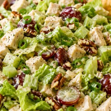 Chopped chicken salad with grapes, pecans, romaine lettuce, celery, green onions, and creamy dressing served in a white bowl with a cracker tucked in the back.