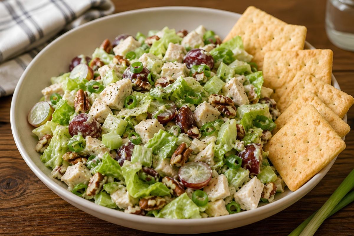 Chopped chicken salad with grapes, pecans, romaine lettuce, celery, and green onions in a white bowl, served with buttery crackers on a wooden table.