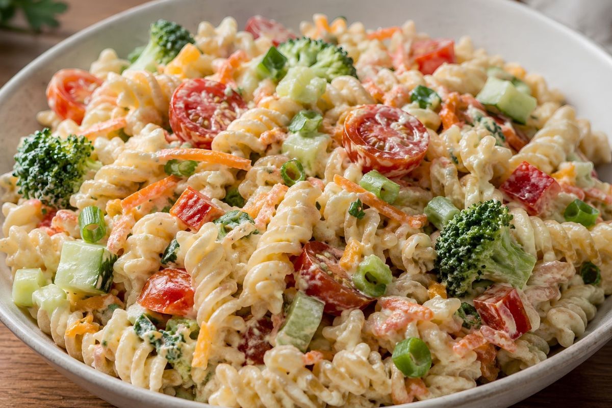 Creamy ranch vegetable pasta salad in a white bowl with rotini pasta, cherry tomatoes, broccoli, cucumbers, carrots, red bell pepper, green onions, and creamy ranch dressing.