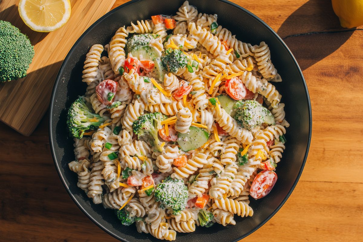 Creamy ranch vegetable pasta salad with rotini, broccoli, cucumbers, tomatoes, bell peppers, shredded cheddar cheese, and ranch dressing.