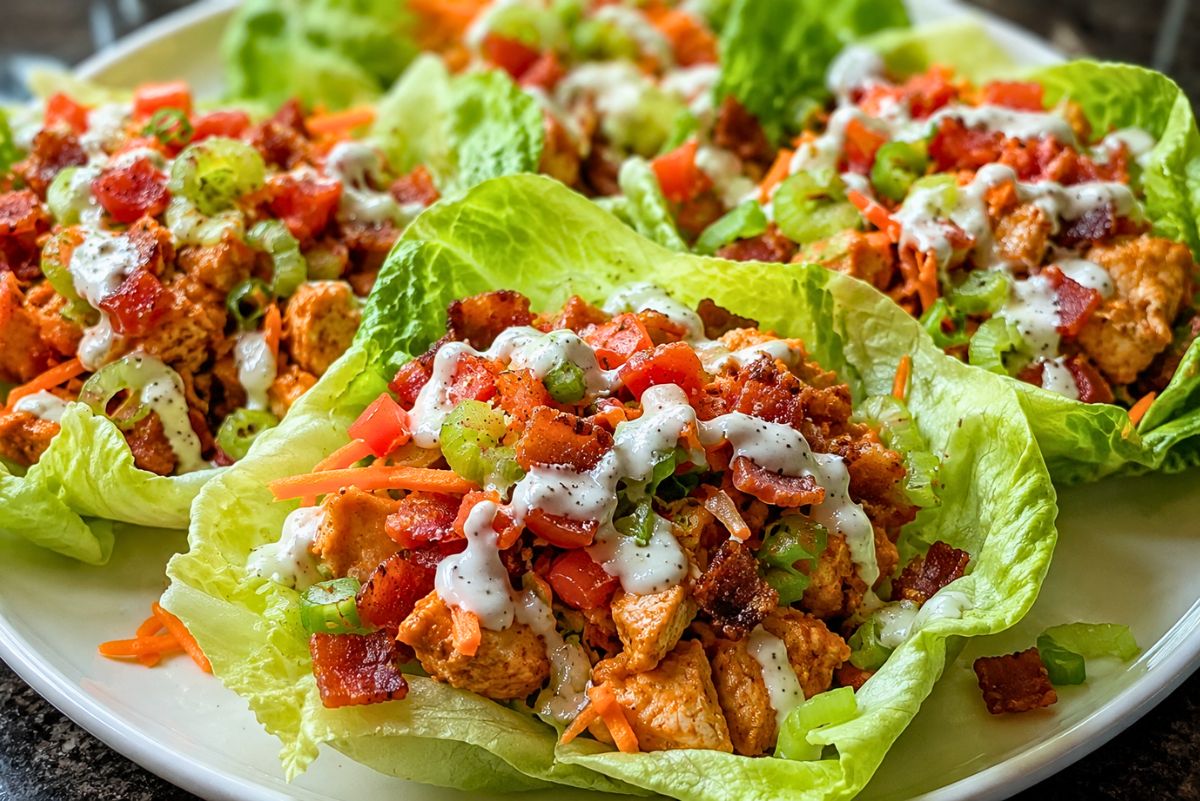 Crispy Buffalo chicken BLT lettuce wraps served on a white platter with chopped chicken, bacon, tomato, celery, shredded carrots, green onions, and creamy ranch dressing in fresh lettuce cups.