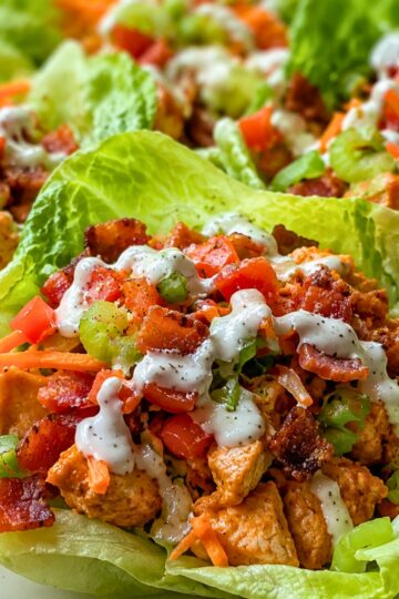 Crispy Buffalo chicken BLT lettuce wraps with chopped chicken, bacon, tomato, celery, carrots, green onions, and creamy ranch dressing piled into fresh lettuce cups.