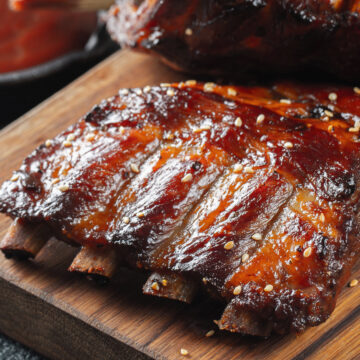 BBQ ribs with glossy sauce and sesame seeds on a wooden cutting board, with a sauce bowl and basting brush in the background.