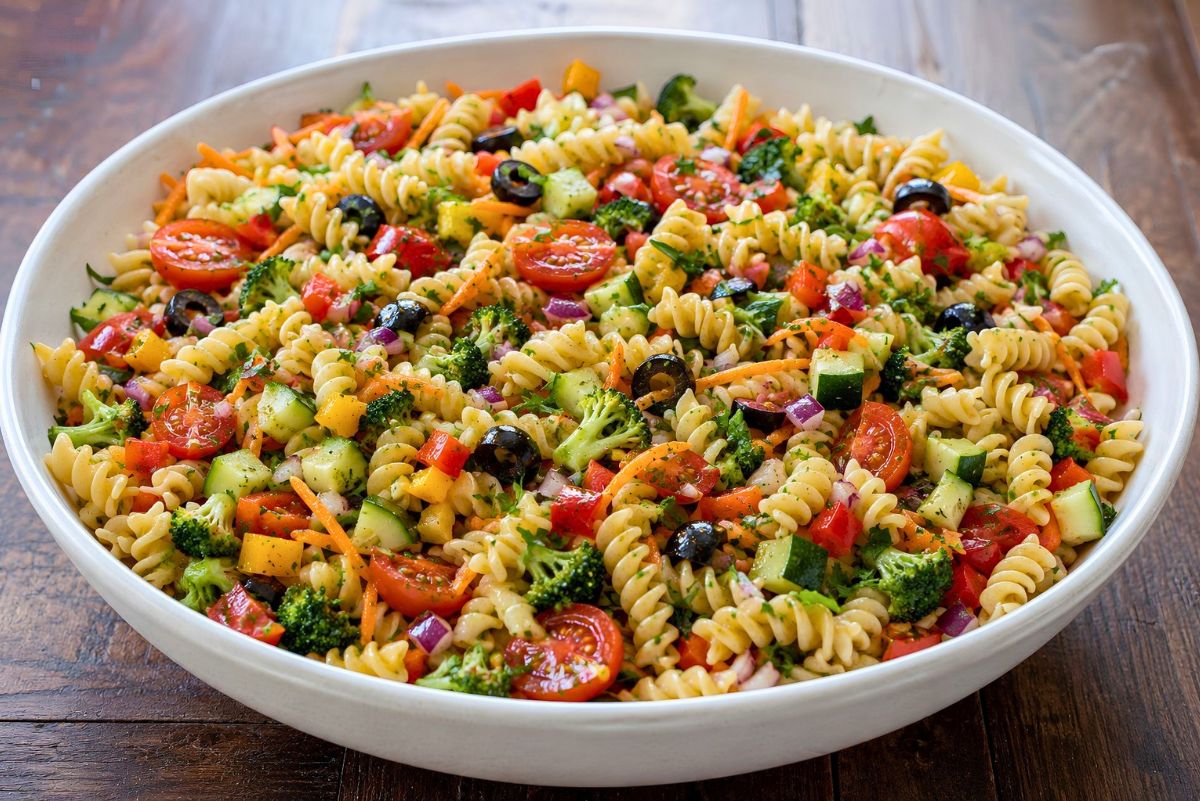 Easy garden vegetable pasta salad with rotini, cherry tomatoes, cucumber, broccoli, bell peppers, carrots, red onion, black olives, and herbs in a large white bowl on a wood table.