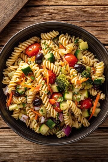 Garden vegetable pasta salad with rotini, cherry tomatoes, broccoli, zucchini, cucumber, carrots, red onion, and black olives in a black bowl.