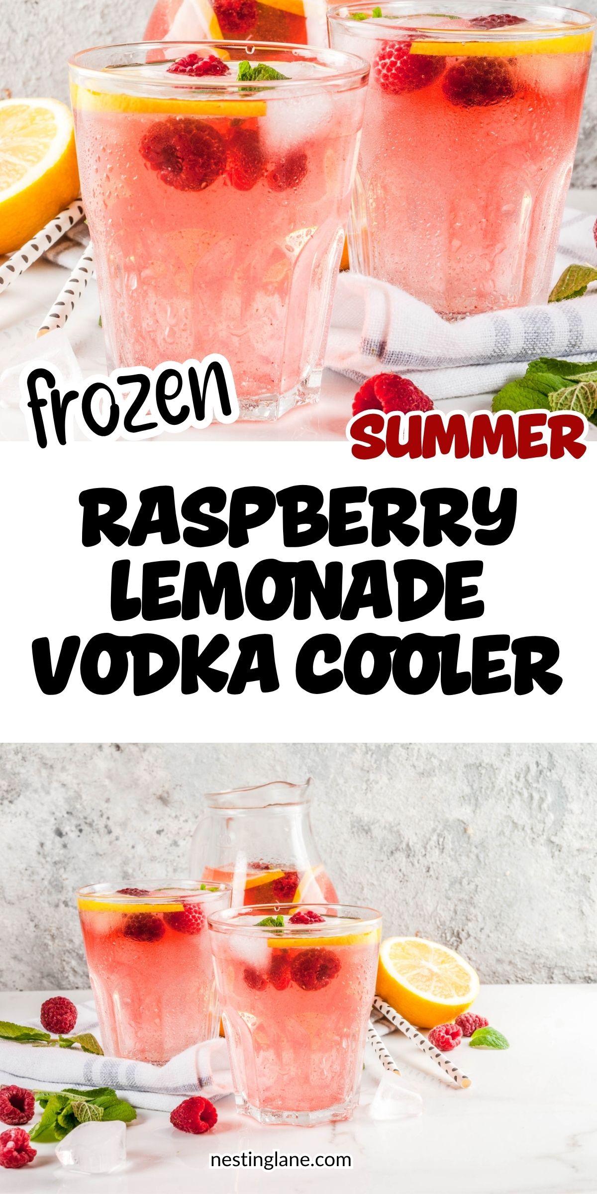 Two pink raspberry lemonade vodka cooler drinks with ice, fresh raspberries, lemon slices, and mint on a white counter. Bold text reads “frozen summer raspberry lemonade vodka cooler,” with “nestinglane.com” at the bottom.
