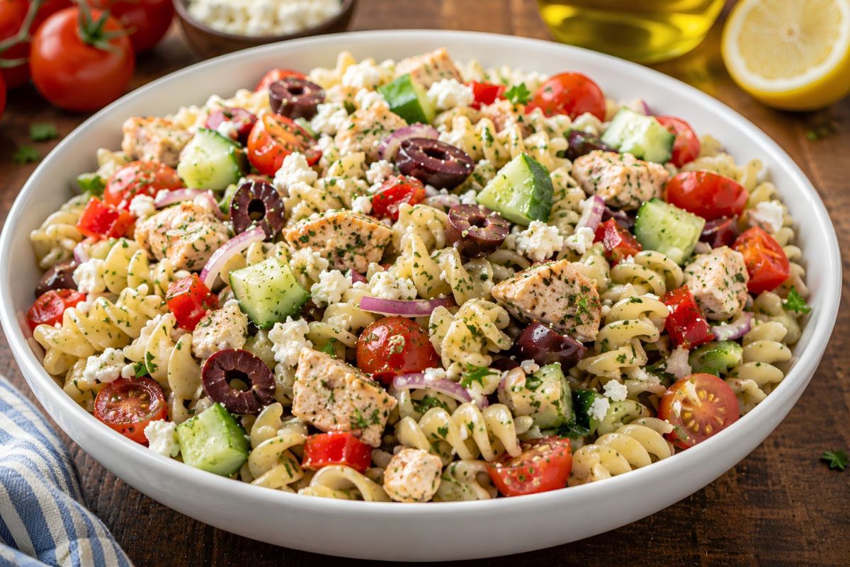 Greek chicken pasta salad in a white serving bowl with grilled chicken, rotini pasta, cucumbers, cherry tomatoes, kalamata olives, red onion, feta cheese, and fresh herbs, served with lemon and olive oil in the background.