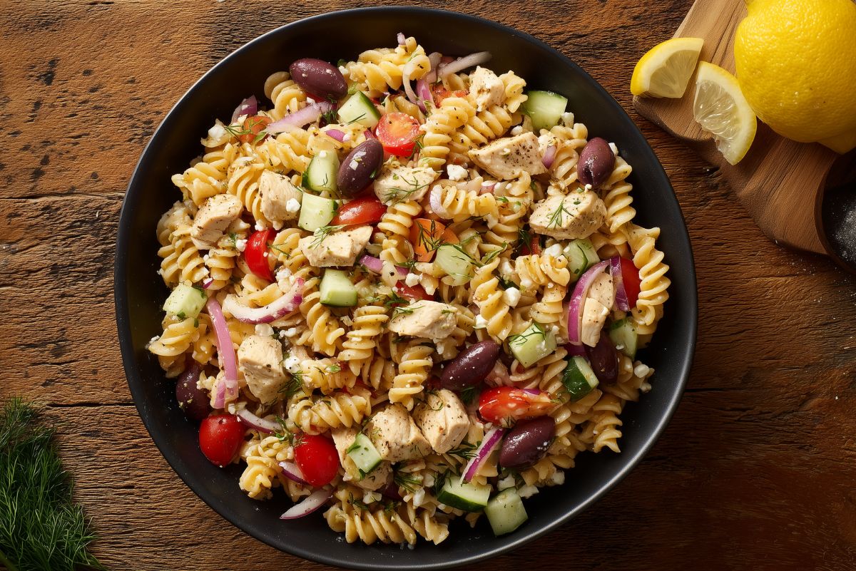 Greek chicken pasta salad with rotini, diced chicken, cucumbers, cherry tomatoes, Kalamata olives, red onion, feta cheese, and fresh dill.
