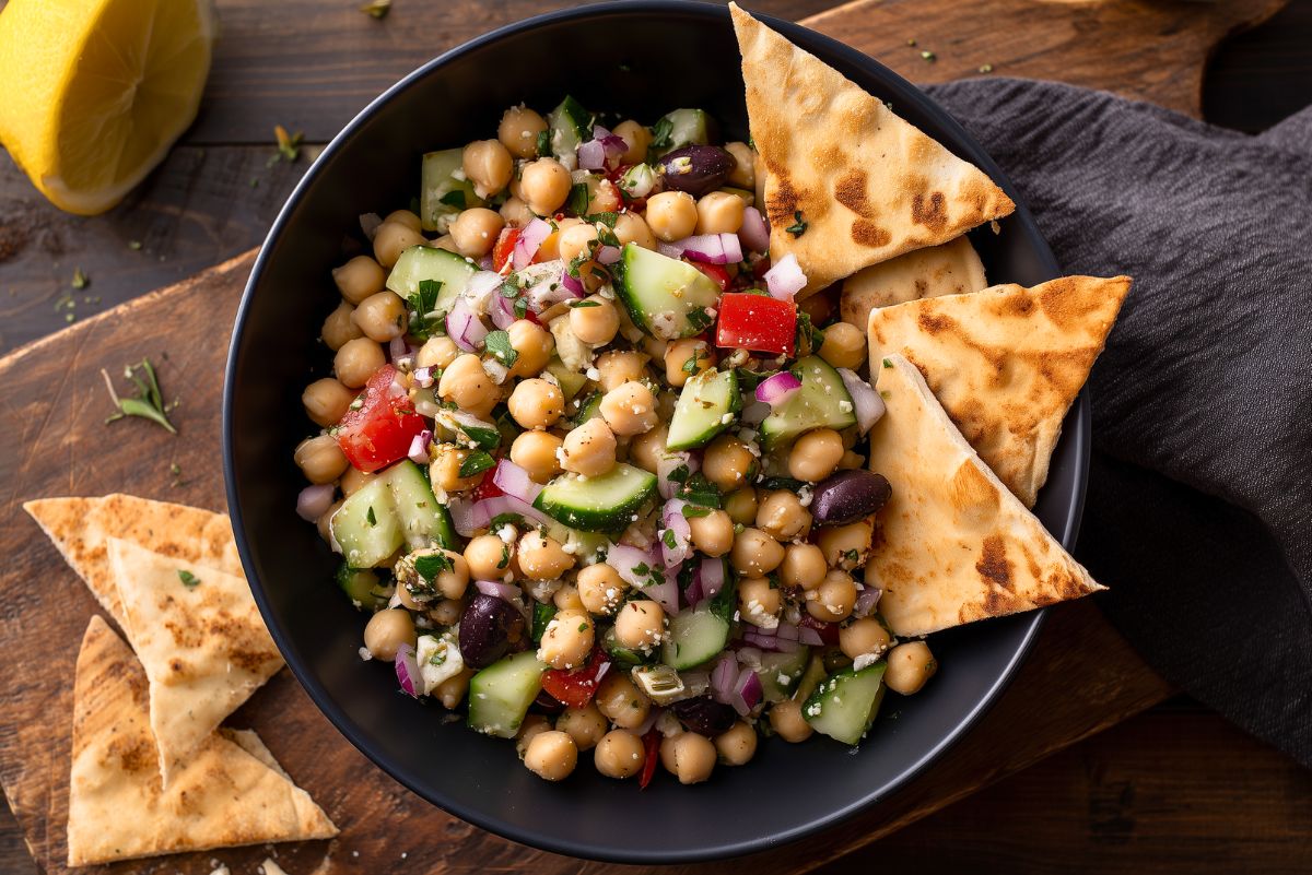 Greek chickpea salad with cucumbers, tomatoes, red onion, Kalamata olives, feta cheese, fresh herbs, and garlic pita chips.