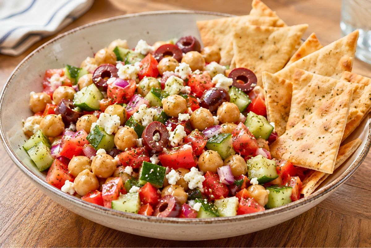 Greek chickpea salad with cucumbers, tomatoes, red onion, kalamata olives, feta cheese, and herbs served with garlic pita chips in a shallow bowl on a wooden table.