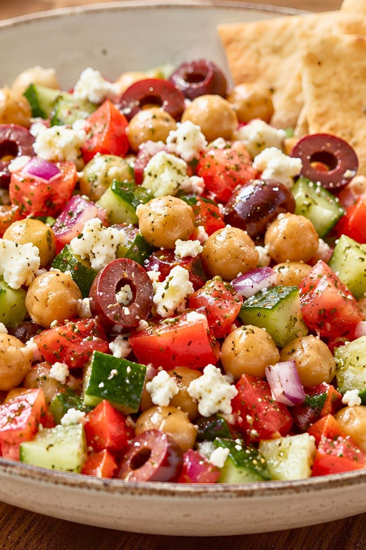 Greek chickpea salad with cucumbers, tomatoes, red onion, kalamata olives, feta cheese, herbs, and garlic pita chips in a shallow bowl.