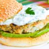 Greek style chicken zucchini burger on a sesame bun with grilled zucchini, lettuce, creamy tzatziki sauce, and a parsley garnish on top.